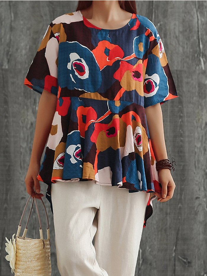 Plus Size Women Loose Cotton And Linen Round Neck Short Sleeve Floral Casual Tops