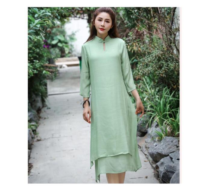 Asymmetrical Vintage white green cotton linen dress