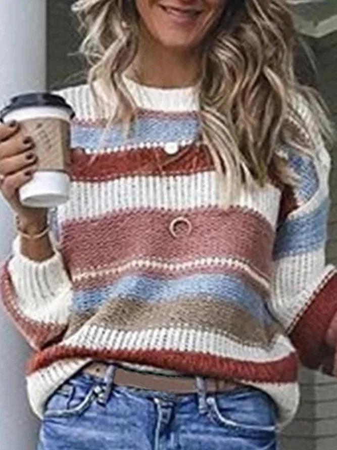 Fashion Multicolor Striped Plus Size Long Sleeve Statement Sweater