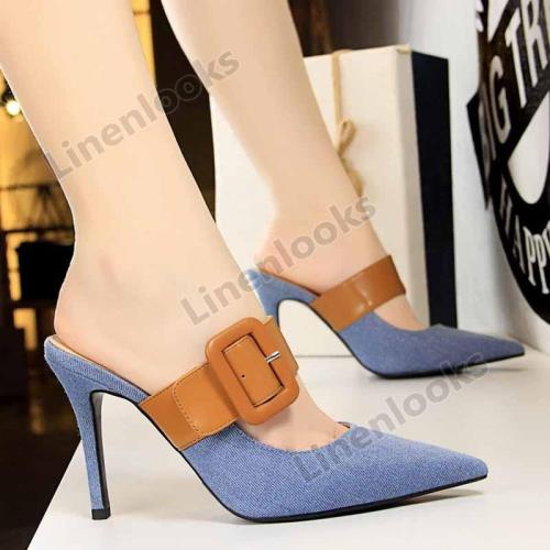 High-heeled Pointed Toe Denim Colorblock Slippers Sandals with Belt Buckle