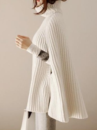 Turtleneck Slit Solid Knitted Casual Cape Sleeve Sweater