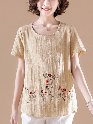 Short Sleeve Casual Cotton-Blend Embroidered Causal Tops