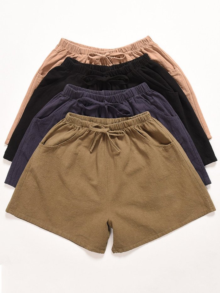 Women Shorts Pockets Drawstring Solid Casual Shorts