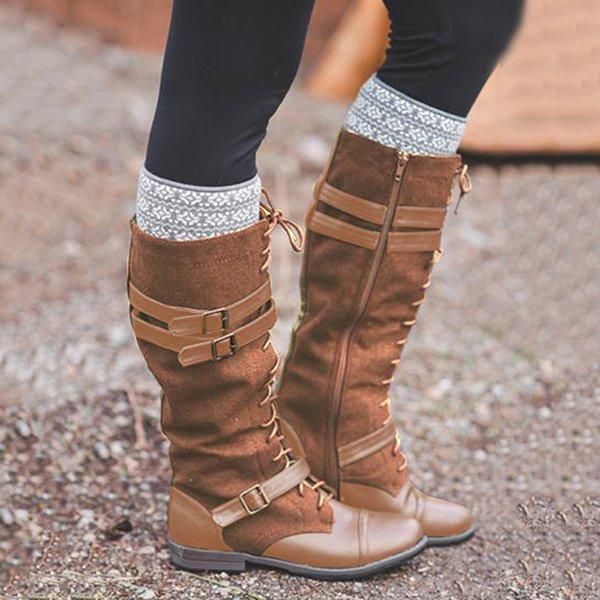 Vintage Lace Up Mid-calf Split Joint Boots Adjustable Buckle Low Heel Boots