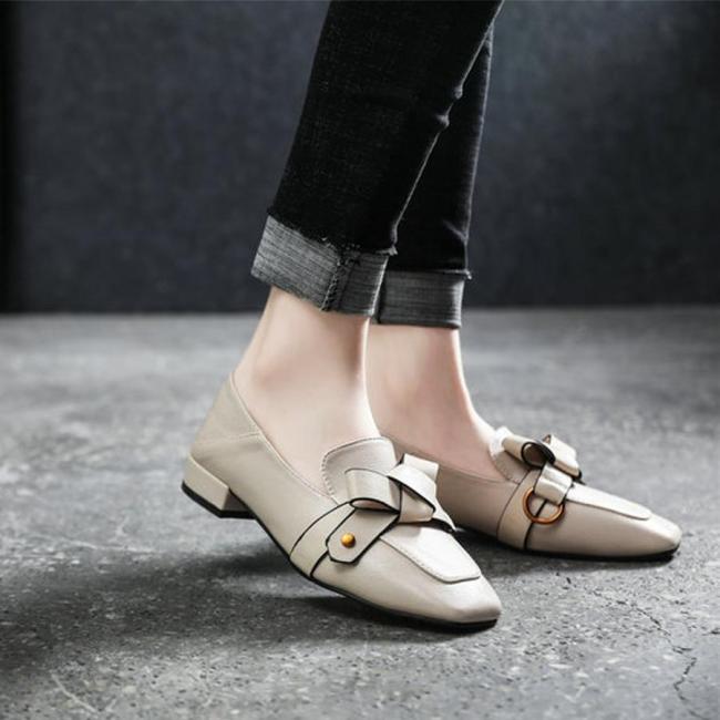 Natural Real Leather Bow Square Toe Flat Boat Shoes