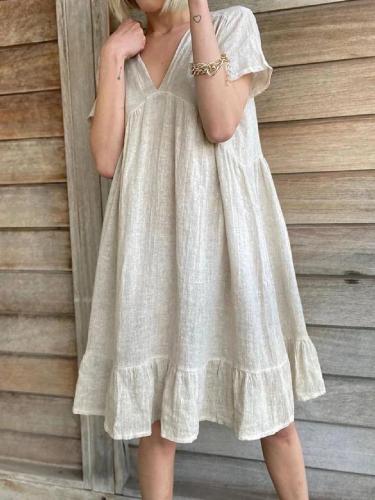 Beige Paneled Short Sleeve Cotton-Blend Dresses