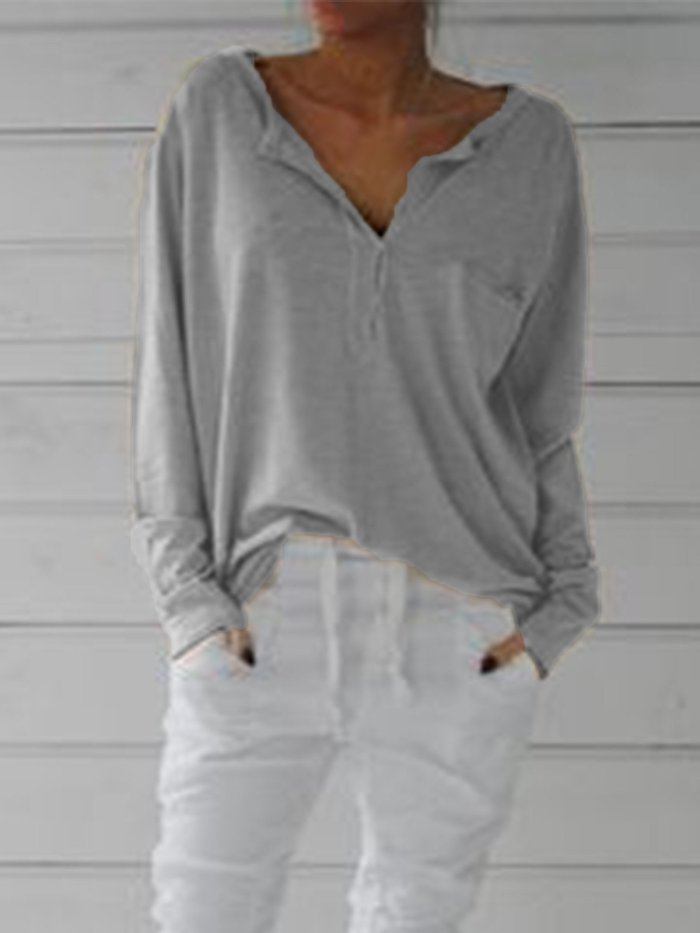 Cotton-Blend Long Sleeve Casual V Neck Shirts & Tops