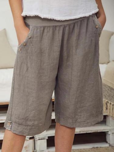 Women Cotton Linen Solid Pockets Shorts
