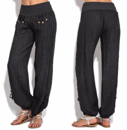 Women Solid Buttons Cotton and Linen Casual Pants