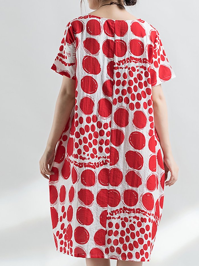Short Sleeve Polka Dots Crew Neck Printed Casual Midi Plus Size Dress
