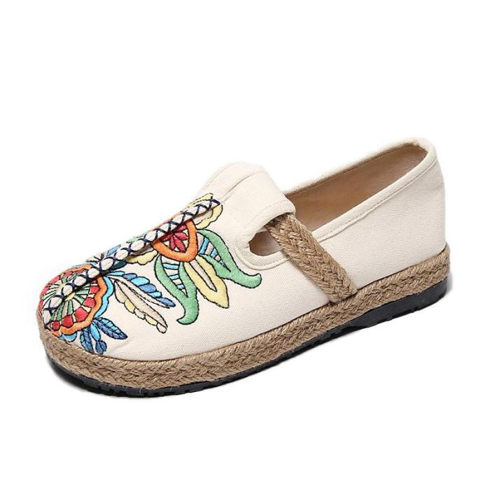 Women Flat Shoes Embroidered Flats Comfortable Slip On Lady Linen Casual Breathable  Loafers