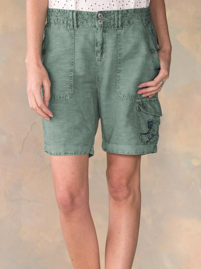 Green Embroidered Sweet Cotton-Blend Pants