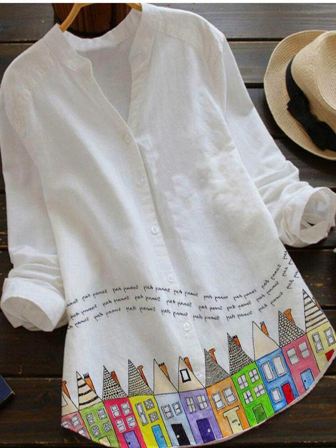 White V Neck Pastoral Cotton-Blend Shirts & Tops