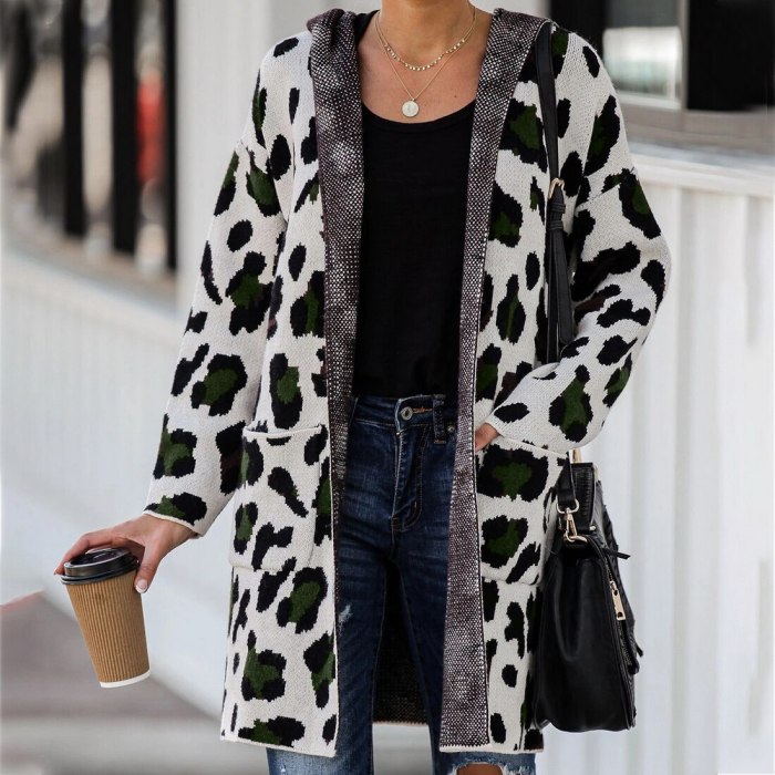 Long Sleeve Leopard Printed Knit Cardigan Coat Open Front Jackets Fashion Streetwear Hooded Sweater