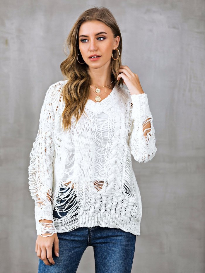 V Neck Casual Long Sleeve Ripped Sweaters