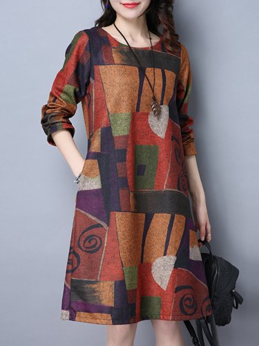 Orange Casual Abstract A-line Plus Size Print Dress