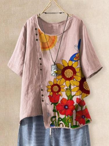 Pink Cotton-Blend Floral Short Sleeve Shirts & Tops