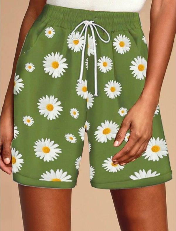 Bohemian Casual Sunflower Floral Printed Shorts Drawstring Short Femme Loose Shorts