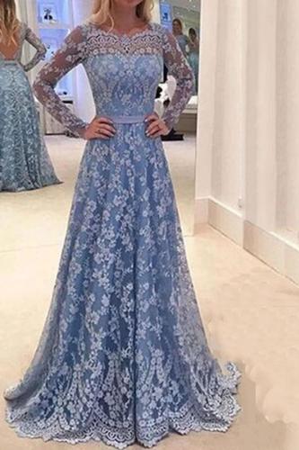 Elegant Lace Embroidery Long-Sleeved Open Back Long Evening Dress