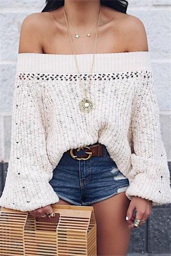 Sexy Shoulder Lantern Long Sleeve Loose Knitted Sweaters