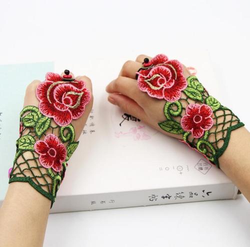 Women's vintage national hollow out fingerless flower embroidery gloves female performance dancing decoration glove R1020