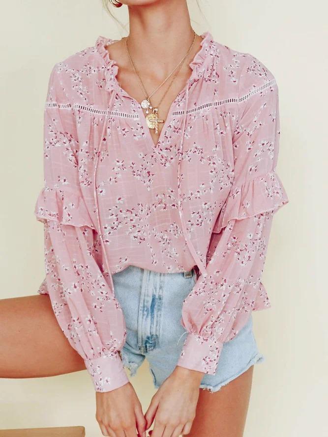 Casual Floral Lace-up Panel Ruffle Cutout Shirt