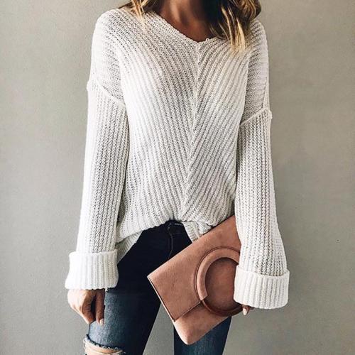 Brief V Neck Long Sleeve Pure Colour Hollow Out Sweater