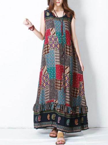 Women Bohemian Printed Sleeveless Maxi Dresses
