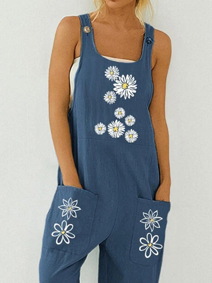 Blue Daisy Flower Printed Straps Pockets Casual Jumpsuits