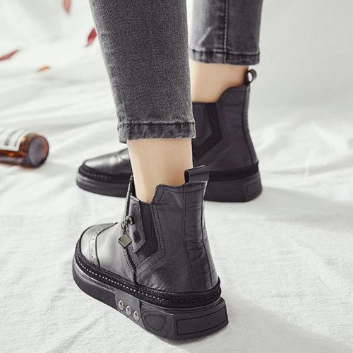 Womens Black Casual Winter Flat Heel Ankle Boots