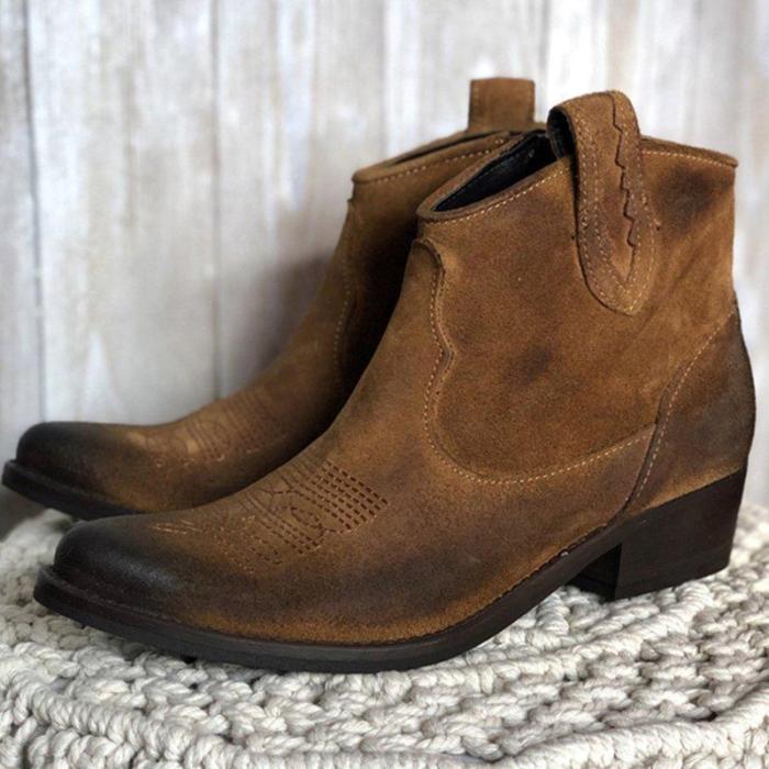 Womens Boots Vintage Slip-On Pu Chunky Heel Ankle Boots