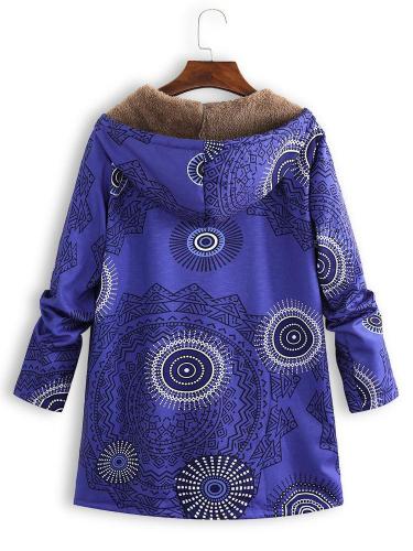 Ethnic Print Fleece Zipper Hooded Autumn Winter Coat