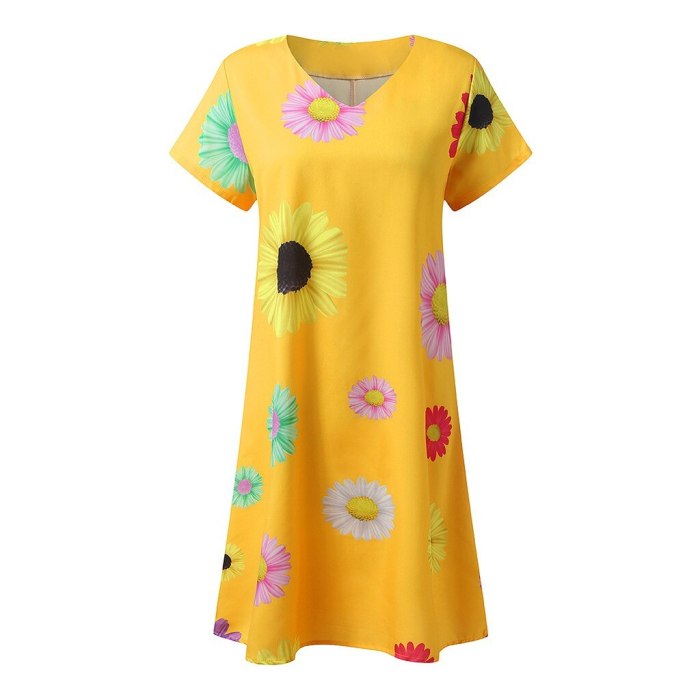 2020 New Fashion Casual Loose Beach Party Floral Print Holiday Dress V-Neck Short Sleeve Mini Dress