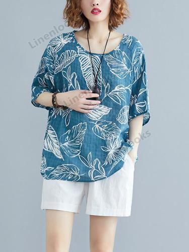 Fashion Long Sleeve Cotton Linen Plus Size Leaf Print Female Loose T Shirt