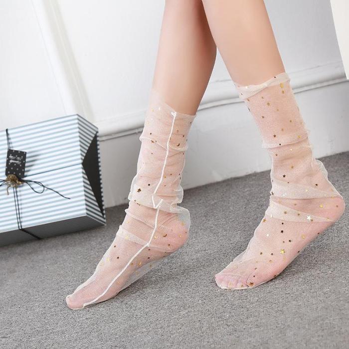 Ladies Fashion Lace Stockings Transparent Crystal Socks