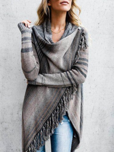 Long Sleeve Knitted Fringed Striped Sweaters