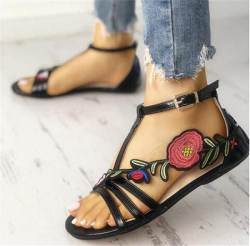 Summer Gladiator Women Sandals Flat Heel Flower Embroidery Peep Toe Beach Sandals