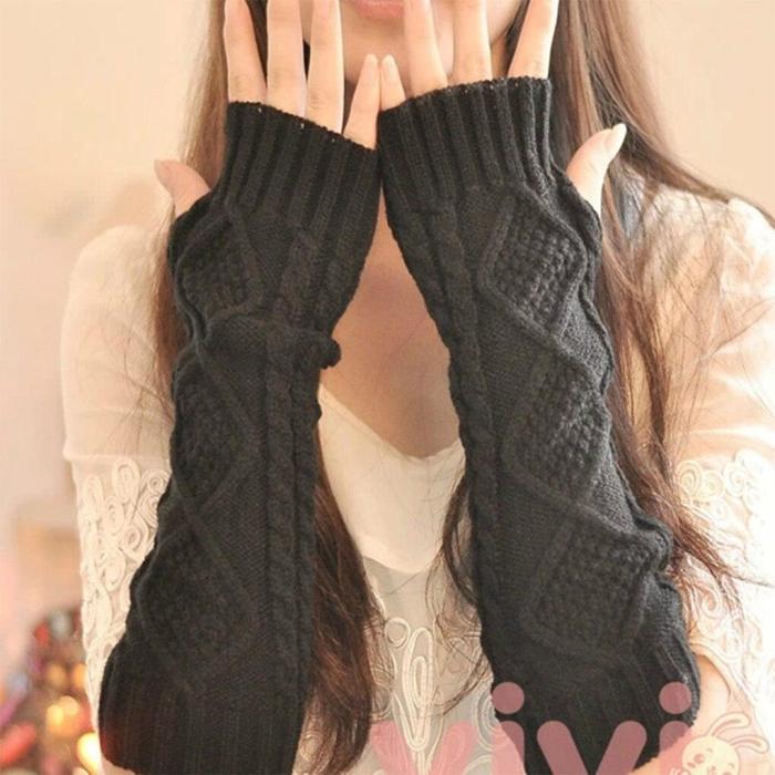 Women Autumn Winter Knit Gloves Arm Wrist Sleeve Warmer Girls Rhombus Long Half Winter Mittens