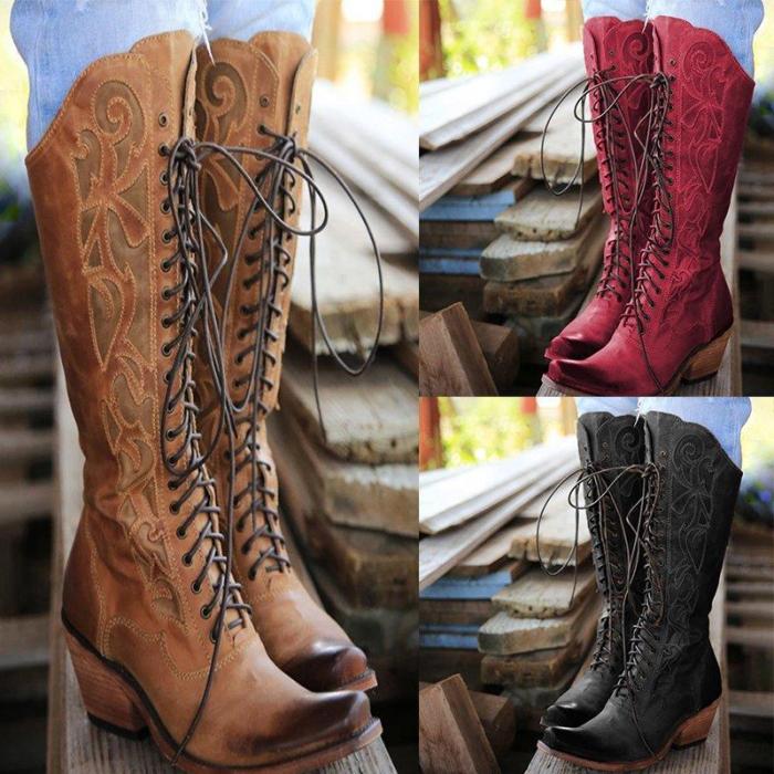Lace-Up Winter Knee-High Boots Chunky Heel Artificial Leather Boots