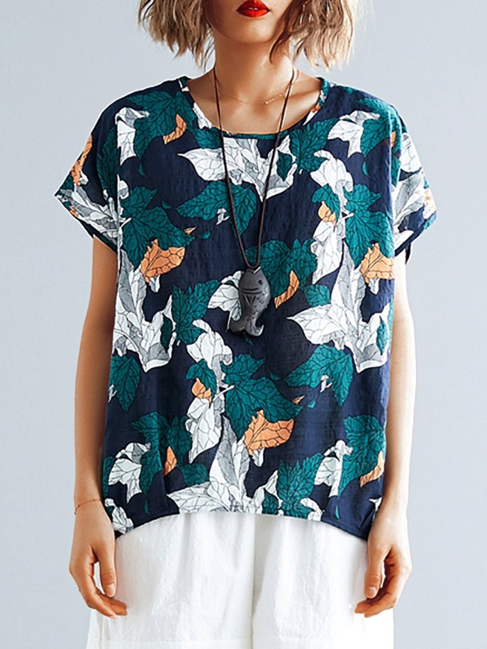 Plus Size Women Short Sleeve Round Neck Floral Loose T-shirts