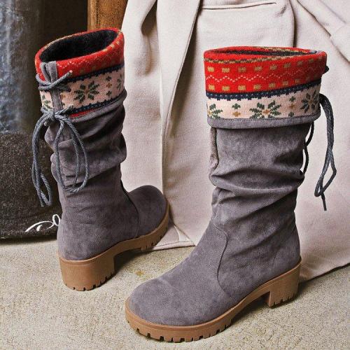 Women Vintage Printed Artificial Nubuck Holiday Lace-Up Boots