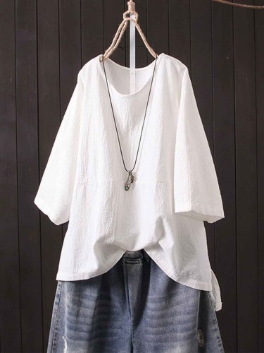 Casual Cotton-Blend Round Neck Tops for Woman