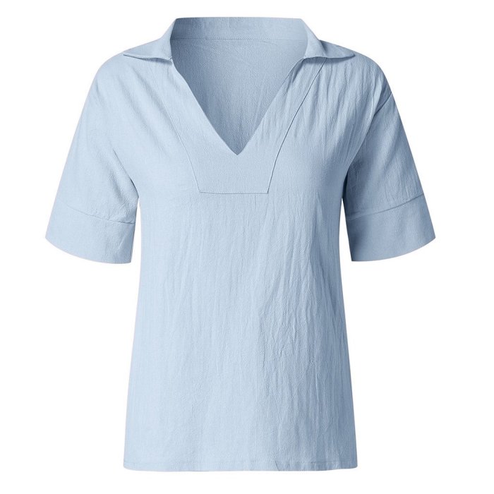Plus Size Fashion Cotton Linen Blouse Sexy Loose V-Neck Tops Tee Casual Short Sleeve Blusas Pullover