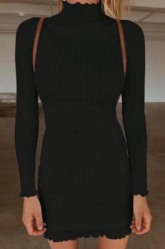 Fashion High Collar   Sexy Long Sleeve Knitted Sweater Mini Bodycon Dress
