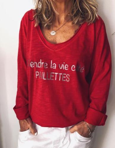 Letter Long Sleeve Round Neck Casual Shirts & Tops