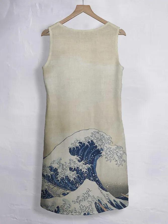 Wave Print Crew Neck Sleeveless Linen Dress