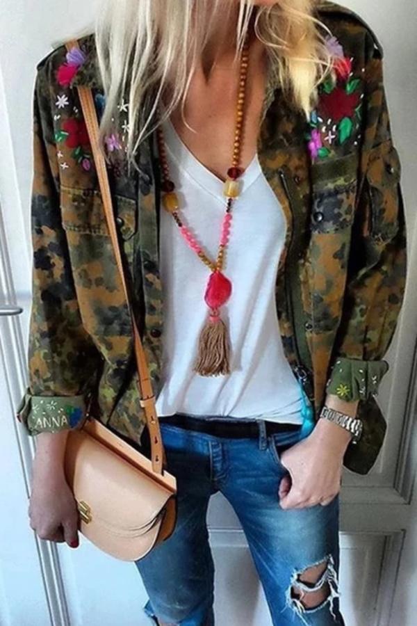 Women's Fashion Camouflage Pattern Single-Breasted Long Sleeve Cardigan