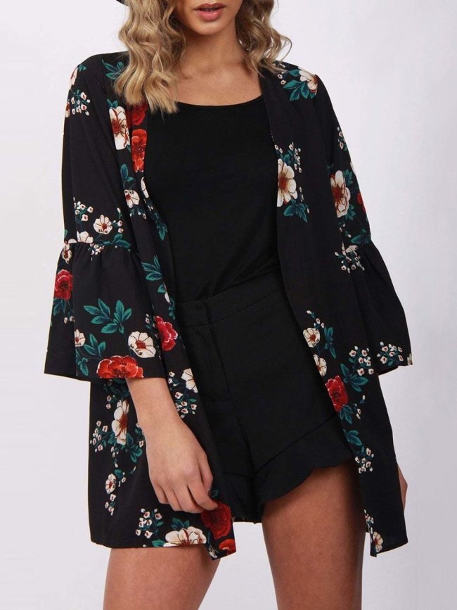 Floral Casual Paneled Bell Sleeve Chiffon Printed/Dyed Cardigan