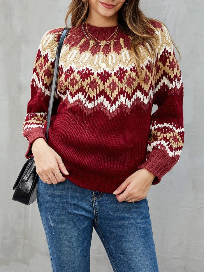 Burgundy Casual Tribal Knitted Acrylic Sweaters