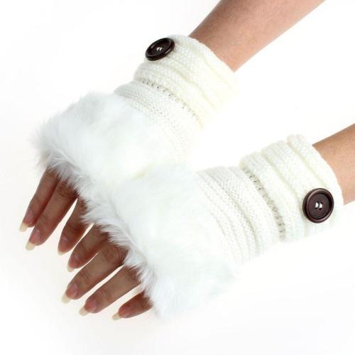Stylish Winter Autumn Button Knitted Gloves Faux Rabbit Fur Wrist Fingerless Gloves
